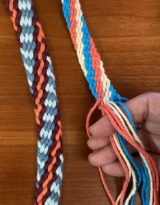 Samples of fingerweaving which will be taught at the 2026 Fiber Feast luncheon.